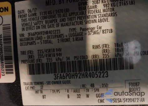 2017 Ford Fusion Se z USA, uszkodzony, nr VIN 3FA6P0H92HR405223